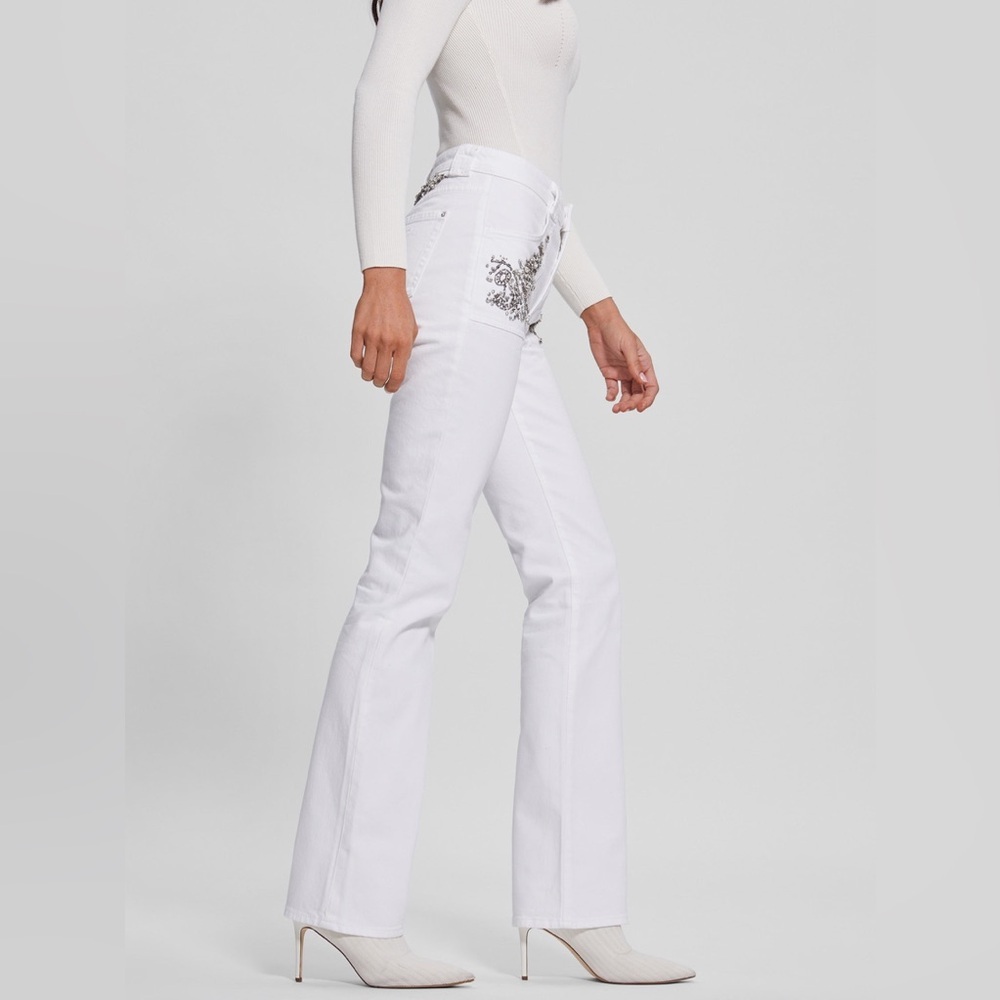 New Guess White Flare Jeans with Floral Embroidery SZ 26 - Picture 4 of 11